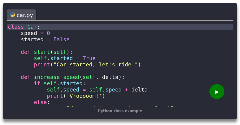 Python class example - Python 3 code example - crumb.sh