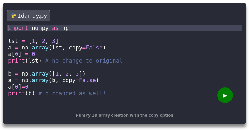 NumPy 1D array creation with the copy option